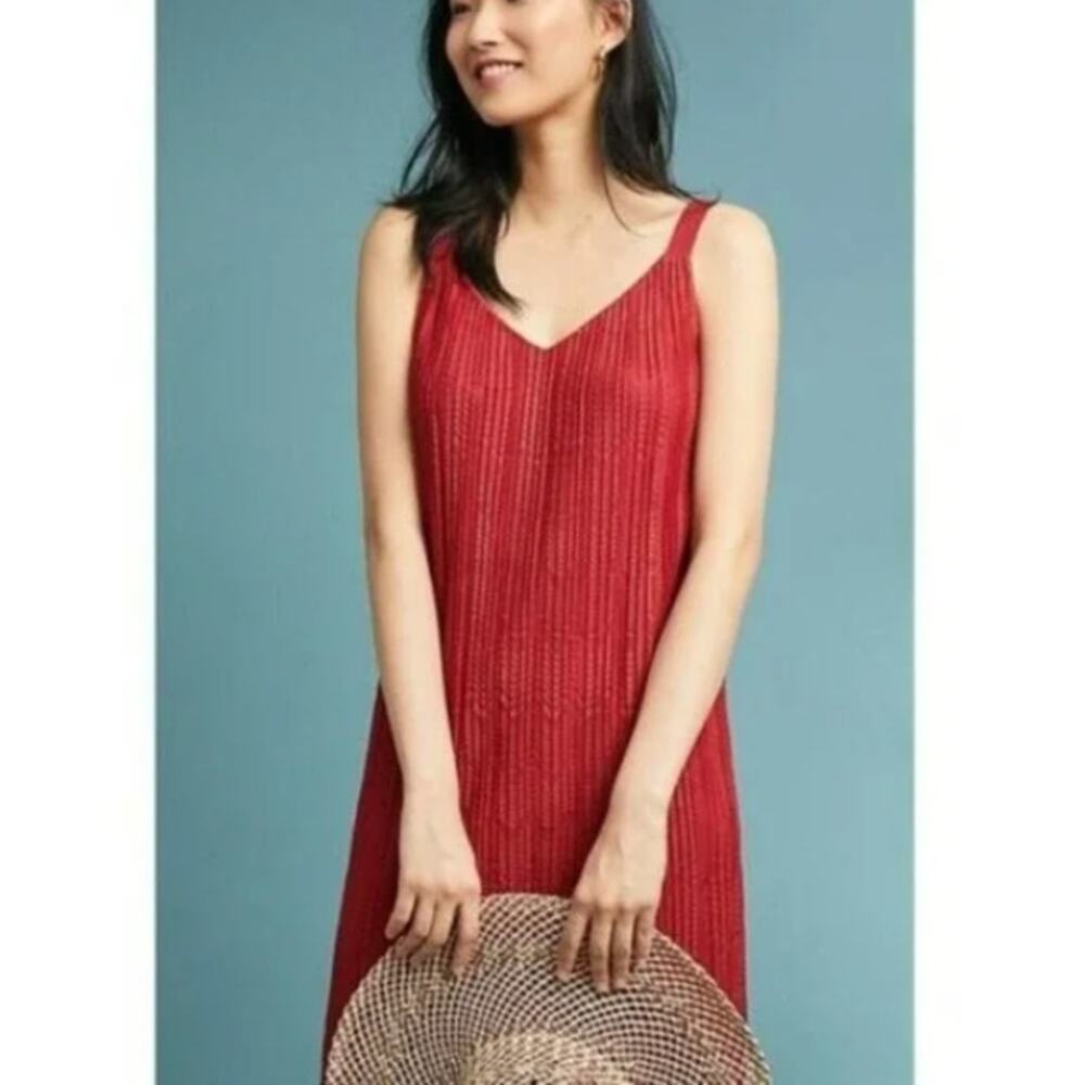Meadow Rue Anthropologie Red Prespa Pleated Shift Dress Size Small